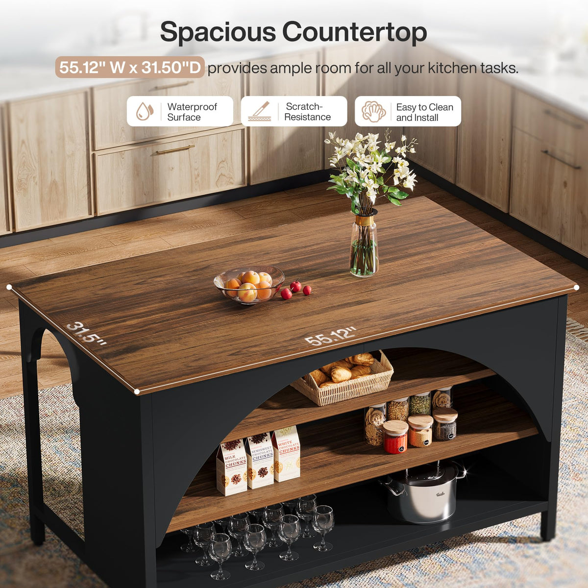 Tribesigns Kitchen Island with 3 Storage Shelves, 55" W Kitchen Shelf with Large Countertop and Seating Area, Modern Wooden Coffee Bar Table (White)