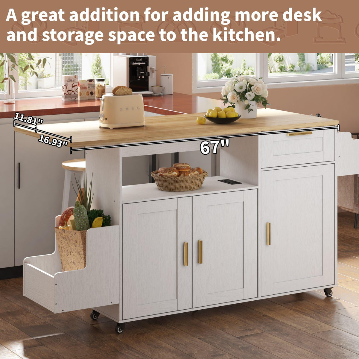 ASTRONAPE Rolling Kitchen Island Cart with Storage, Mobile Kitchen Island with Power Outlet, Large Wood Top, Drawers & Cabinets for Dining Room (White, Model 1)