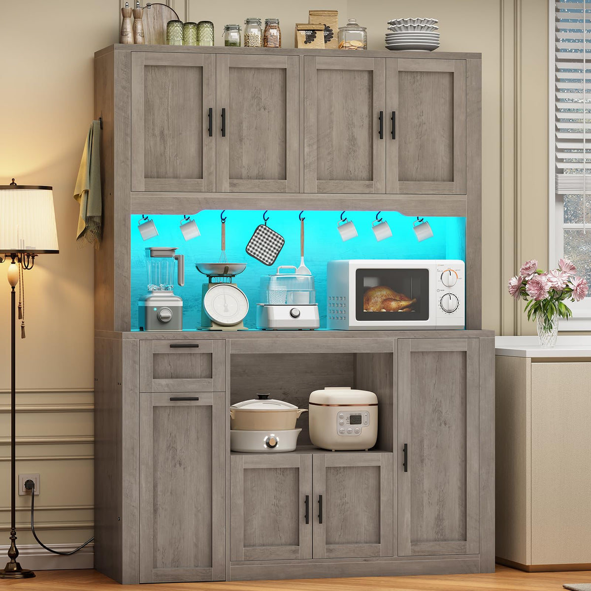 Itaar 71" Kitchen Pantry Cabinet with Charging Station and Led Light, Kitchen Storage Cabinets with Microwave Stand, 59" Wide Pantry Storage Cabinet with Storage Cart 3 Tier for Dining Room, White