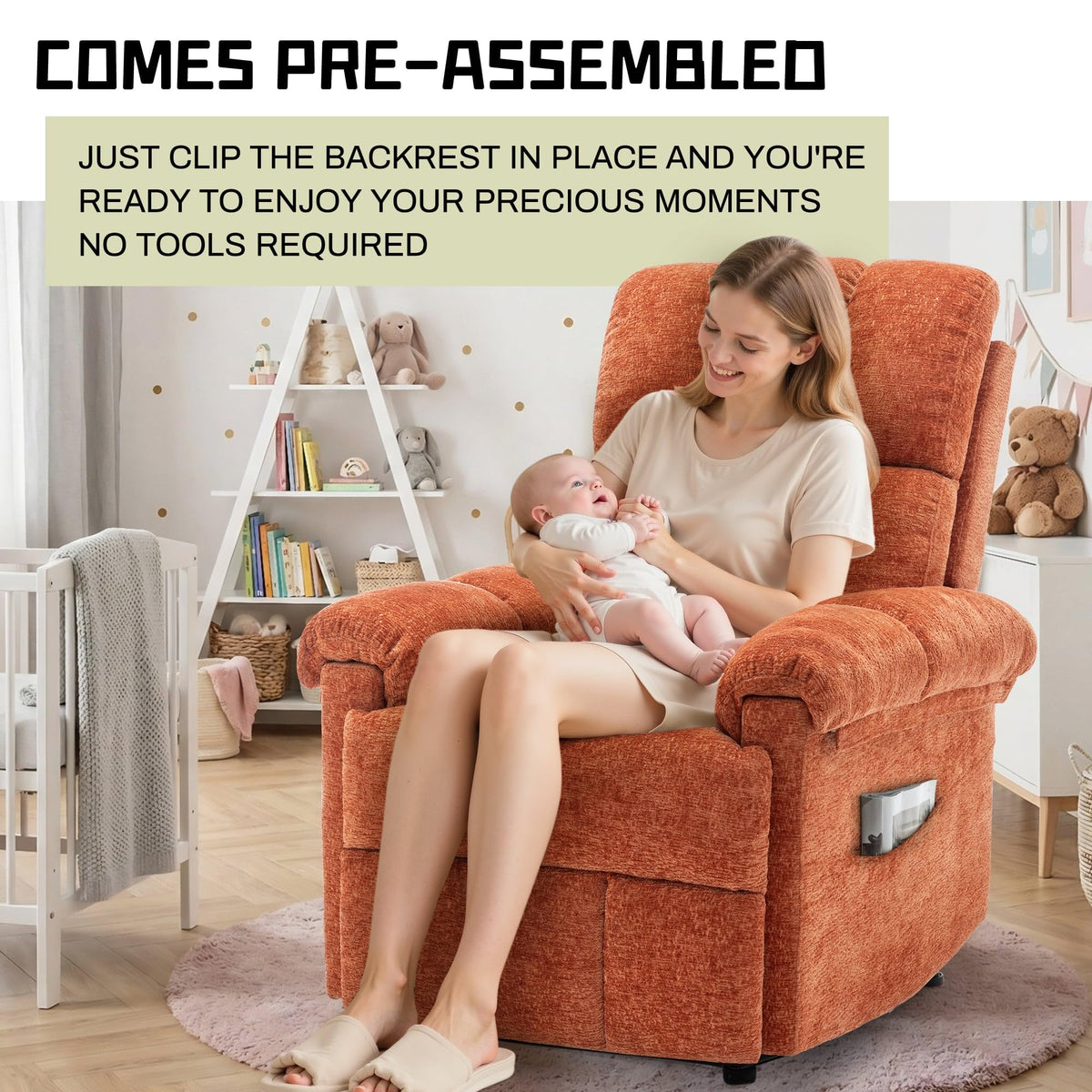 Korser Recliner Chair, Living Room Recliner Chairs for Adults, Small Recliners for Small Spaces, Upholstered Manual Recliner with Side Pockets, Comfy Nursery Chair for Living Room, Chenille, Beige