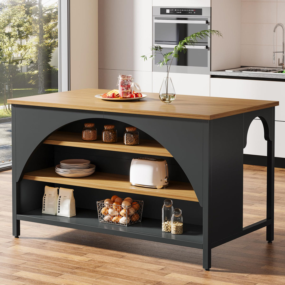 Tribesigns Kitchen Island with 3 Storage Shelves, 55" W Kitchen Shelf with Large Countertop and Seating Area, Modern Wooden Coffee Bar Table (White)