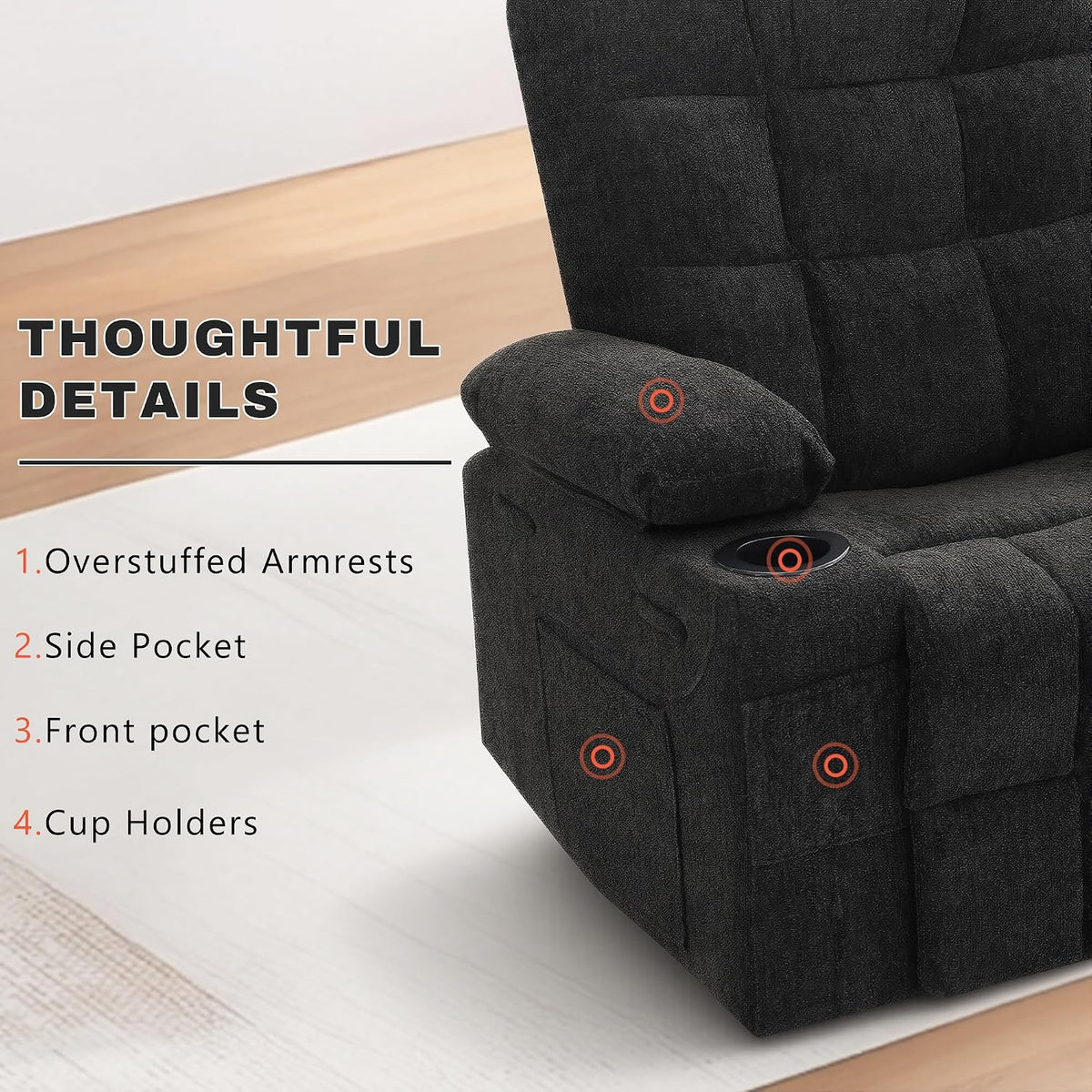Swivel Rocker Recliner Chair,Recliner Single Sofa with Cup Holders, Manual Nursery Rocking Chair with Side Pockets, Modern Upholstered Recliner for Living Room,Apartment,Home Theater(Black)