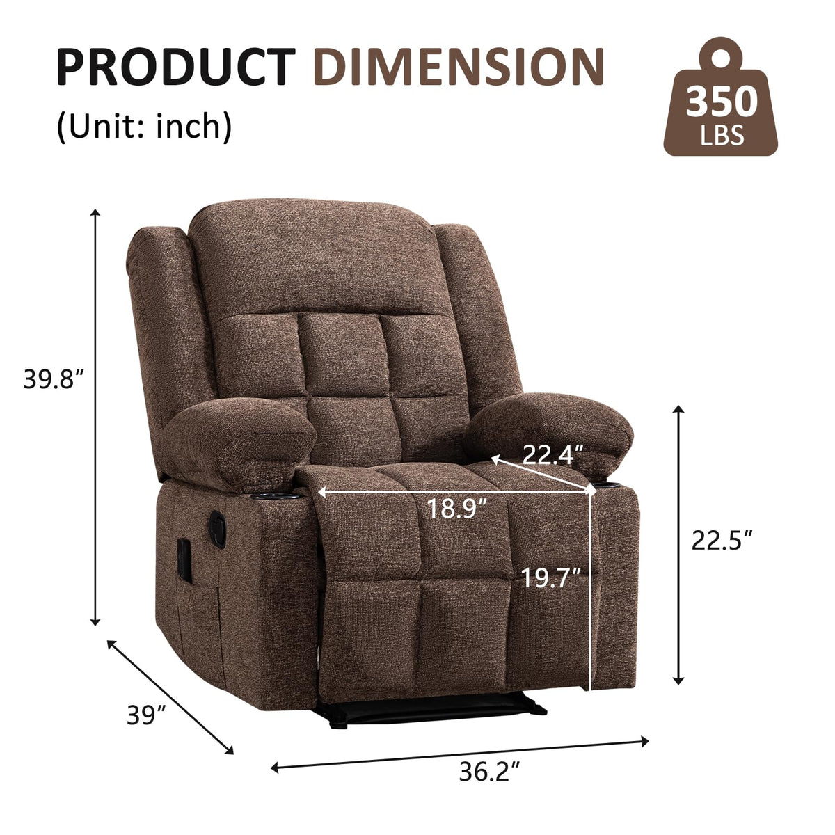 EBELLO Manual Recliner Chair for Adults with Vibration Massage and Lumbar Heating, Soft Fabric Recliner Single Sofa with Side Pocket and Two Cup Holders for Living Room, Grey