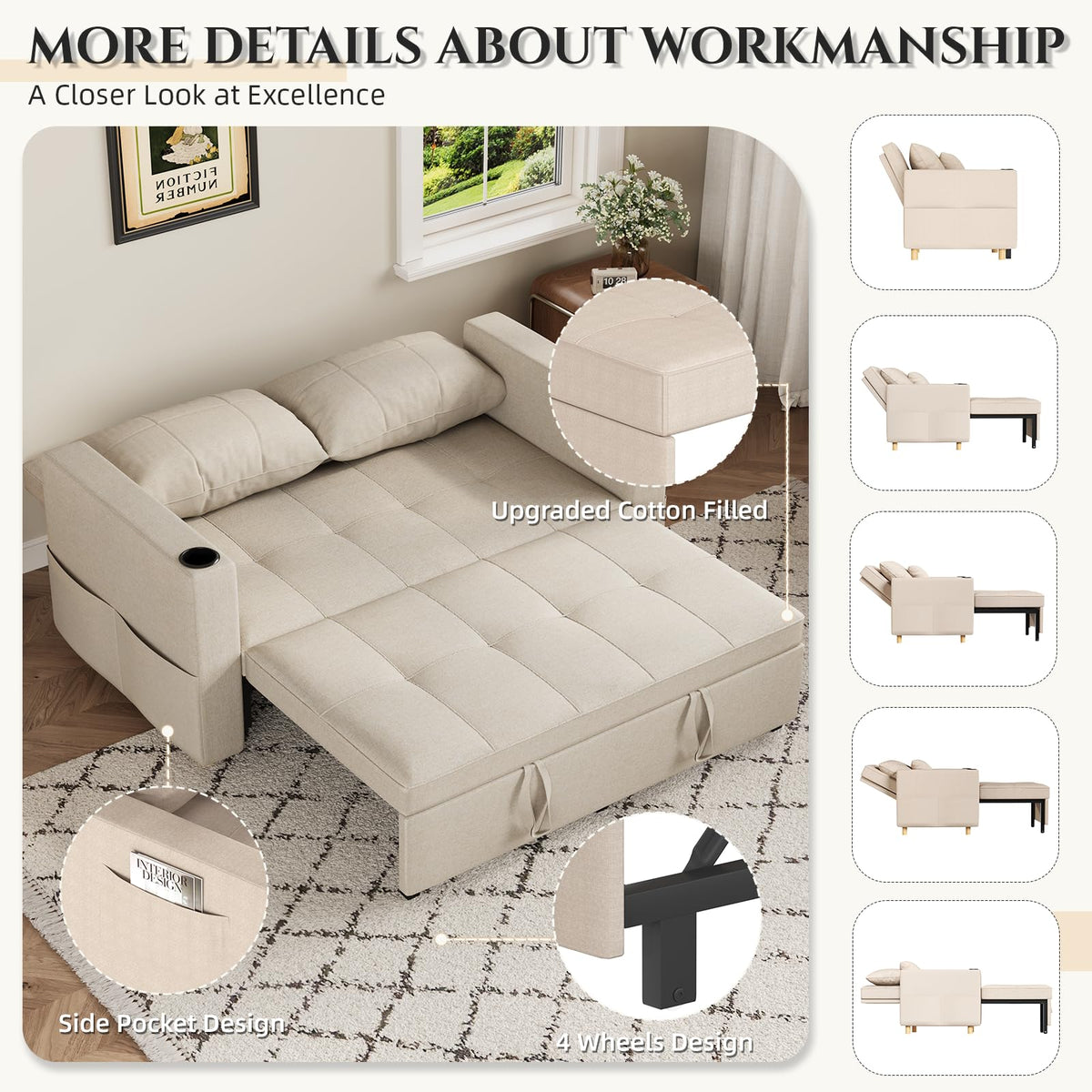 YODOLLA Sleeper Chair Pull Out Bed, Chair Bed Sleeper for Adults, Beige