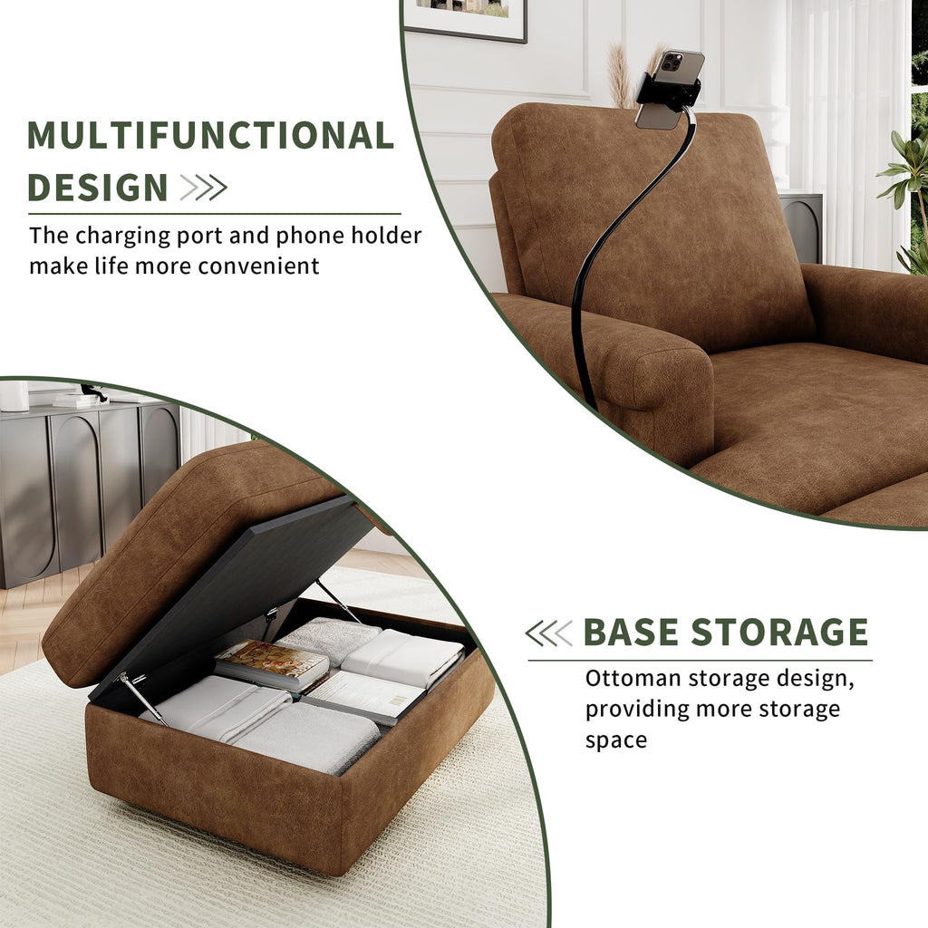 EJUNQ 66.5" Oversized Chaise Lounge Chair Indoorï¼Cozy Sofa Bed with Phone Holder and USB Chargerï¼Upholstered Deep Seat Sleeper Sofa Bedï¼Comfy Single Sofa Armchair for Living Room, Grey