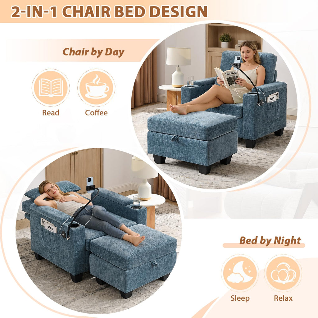Oversized Chaise Lounge Chair Indoor, Single Convertible Recliner Reading Arm Sofa Chair W/Adjustable Backrest & Charging Port Couch Bed for Living Room, Home Theater & Bedroom, Brown