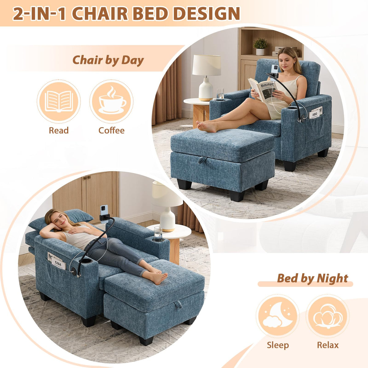 Oversized Chaise Lounge Chair Indoor, Single Convertible Recliner Reading Arm Sofa Chair W/Adjustable Backrest & Charging Port Couch Bed for Living Room, Home Theater & Bedroom, Brown