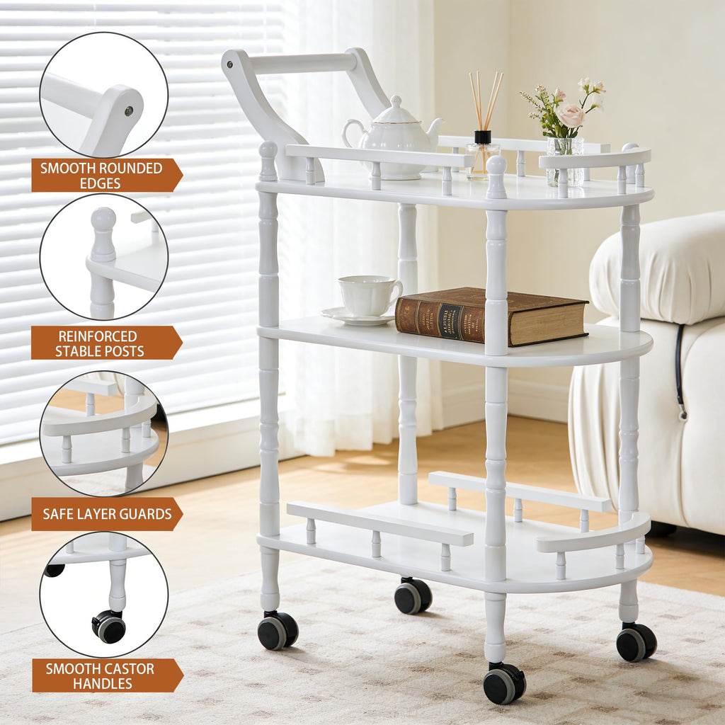 Entertainment Kitchen Cart, Midcentury Modern Imported rubberwood Brown Finished Wood 3-Tier Mobile Bar Cart Serving Cart
