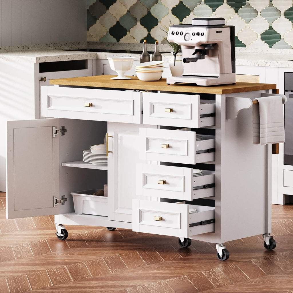 Large Kitchen Island with Rubber Wood Drop Leaf and Silver Handle