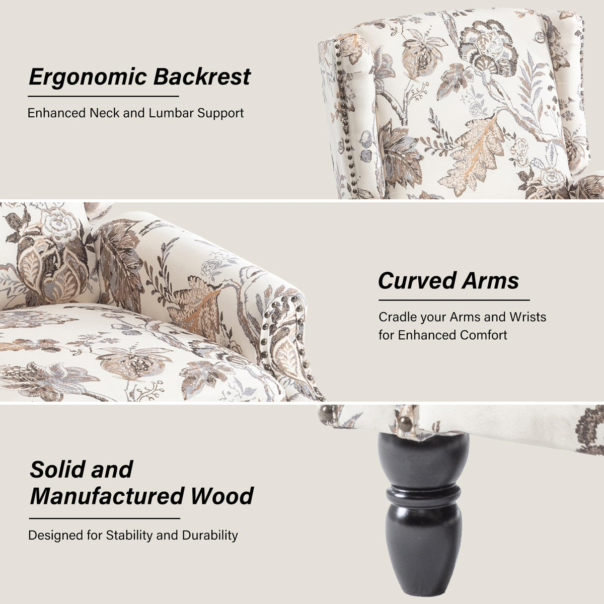 Wingback Floral Pushback Recliner Chair, Plants Beige, Set of 2