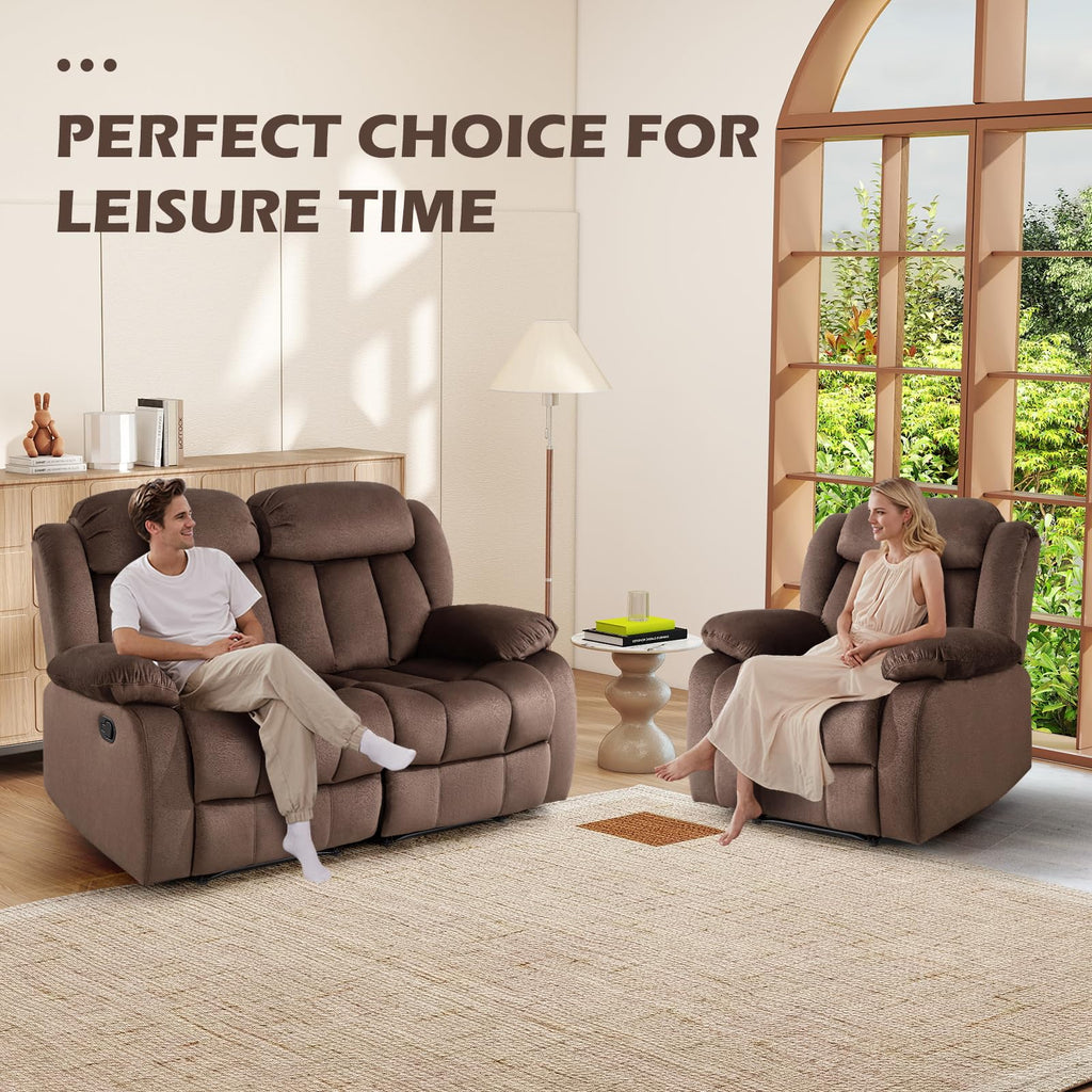 INZOY Manual Recliner Chair with Padded Armrest, Wall-Hugger Single Sofa Recliners with Overstuffed Back, Classical Fabric Reclining Chairs for Living Room Theater Seating, Brown
