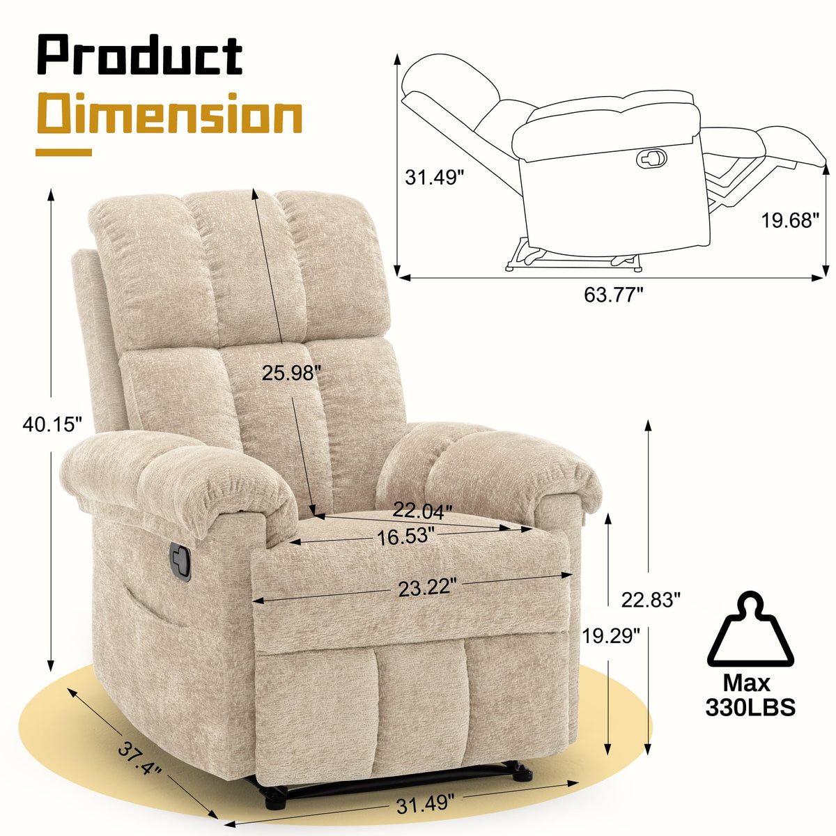Korser Recliner Chair, Living Room Recliner Chairs for Adults, Small Recliners for Small Spaces, Upholstered Manual Recliner with Side Pockets, Comfy Nursery Chair for Living Room, Chenille, Beige