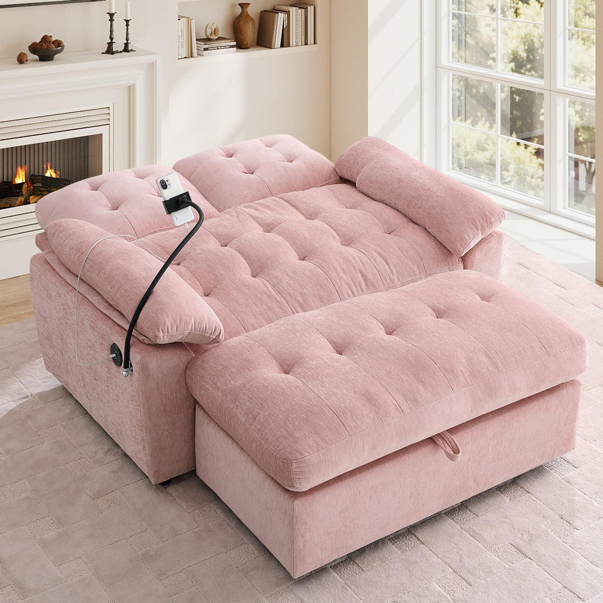 Oversized Chaise Lounge Chair Indoor, Single Convertible Recliner Reading Arm Sofa Chair W/Adjustable Backrest & Charging Port Couch Bed for Living Room, Home Theater & Bedroom, Brown