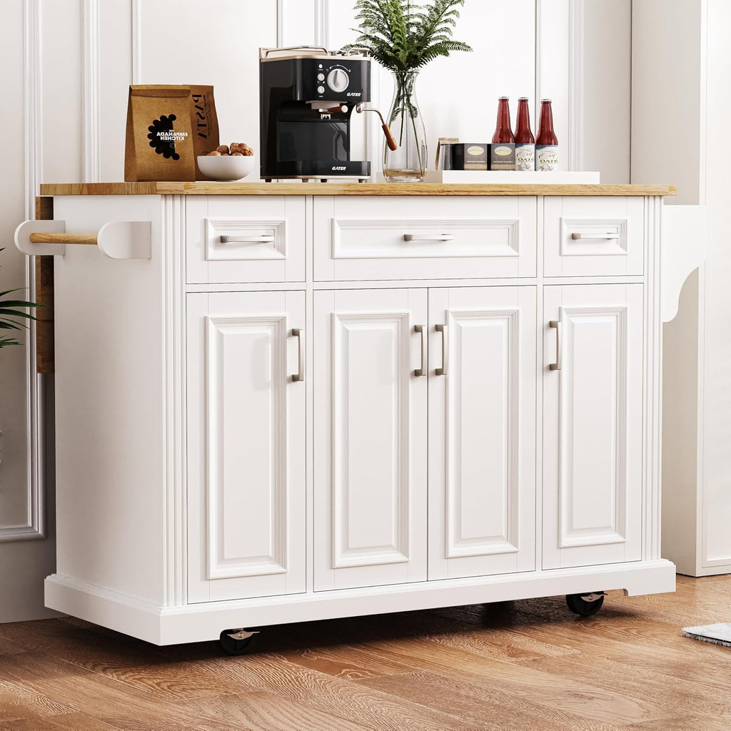 Merax 54" Large Kitchen Cart Island on Wheels with Drop Leaf,Adjustable Shelves,3 Drawers,Embossed Texture Design for Dining Room