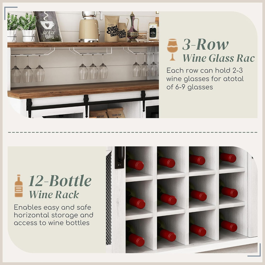 HOMCOM Farmhouse Coffee Bar Cabinet LED Lights 55" Distressed White