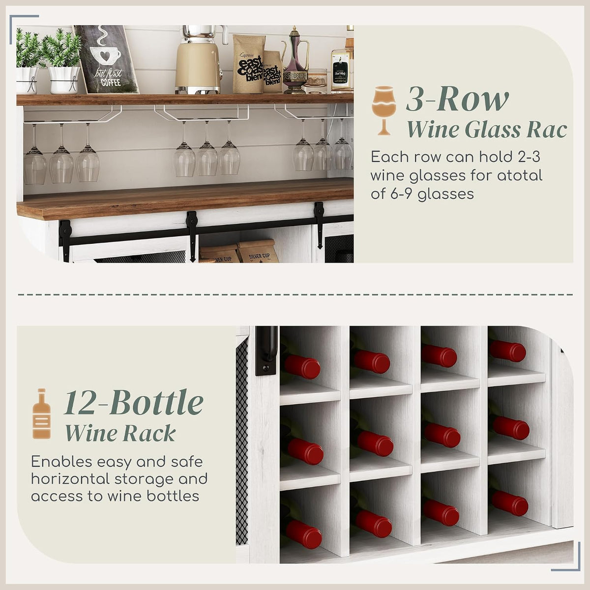 HOMCOM Farmhouse Coffee Bar Cabinet LED Lights 55" Distressed White