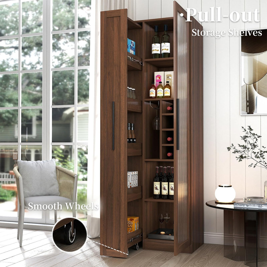 JOYSOURCE Kitchen Hutch Cabinet with 5-Tier Pull-Out Storage Shelves Tall Kitchen Pantry Wine Cabinet Slim Liquor Cabinet with Reeded Glass Door Bottle Dividers & Stemware Rack White