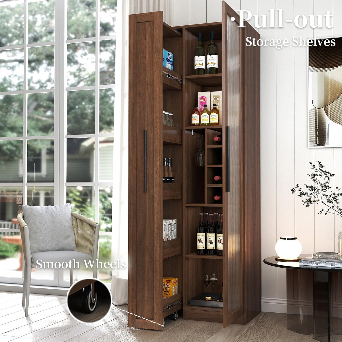 JOYSOURCE Kitchen Hutch Cabinet with 5-Tier Pull-Out Storage Shelves Tall Kitchen Pantry Wine Cabinet Slim Liquor Cabinet with Reeded Glass Door Bottle Dividers & Stemware Rack White