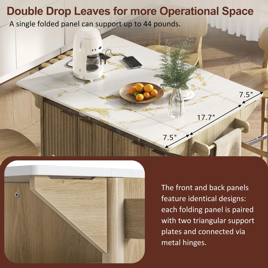 Large Fluted Kitchen Island Cart on Wheels with Storage, Natural