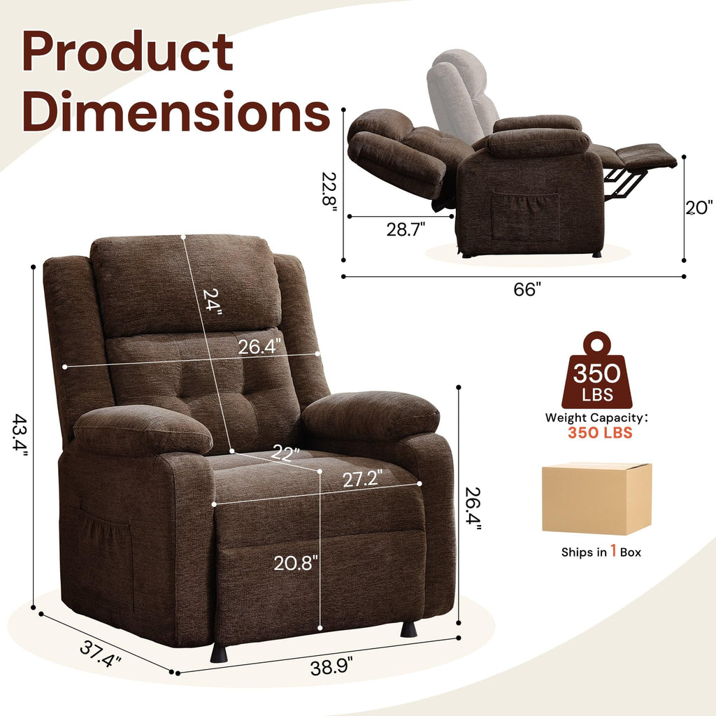 Korser Power Recliner Chair for Adults, Oversized Electric Recliner with Thickened Cushions, Reclining Chair for Bedroom, Living Room Chairs with Side Pockets, Chenille