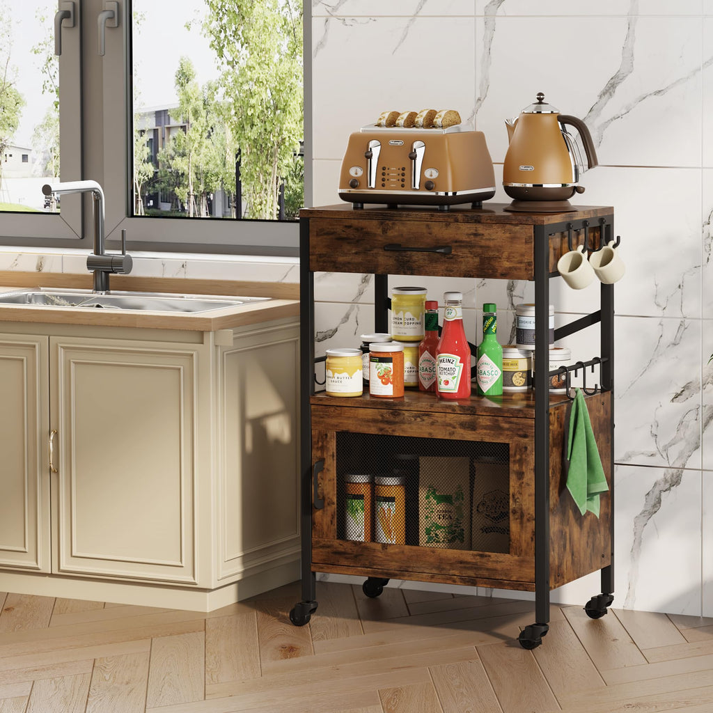 Homeiju Kitchen Island Cart, Kitchen Storage Cart with Drawer, Microwaves Stand, Coffee Cart, Rolling Kitchen Cabinet Cart with Hooks for Kitchen, Dining Room, White