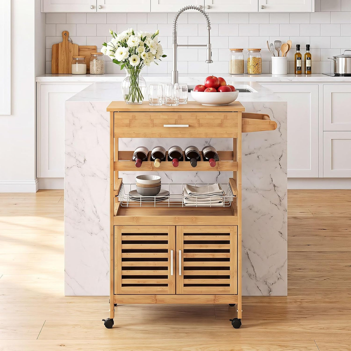 GIANTEX 27" Bamboo Kitchen Island Cart with Storage, Drawer, Wine Rack
