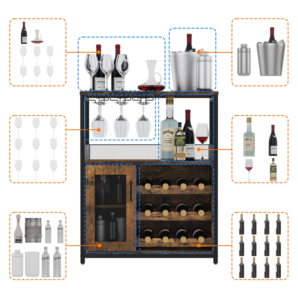 Jojoka 3 Tier Wine Bar Cabinet with LED Lights, Adjustable Storage, Liquor Rack, Glass Holder, Mesh Door, Multi Functional Coffee Bar Sideboard Buffet for Home, Dining Room