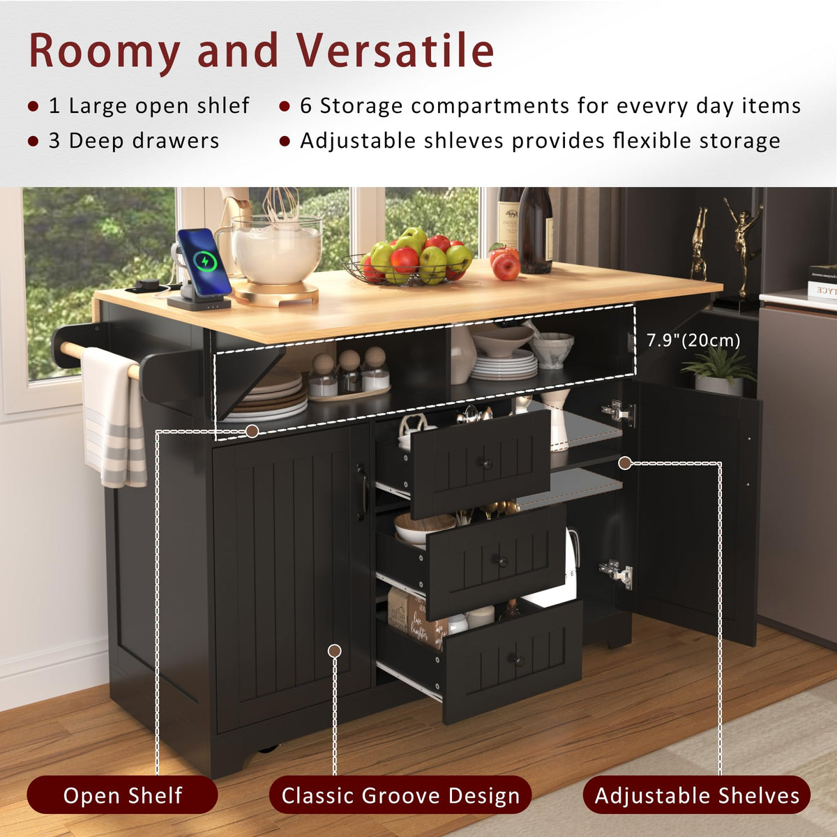 GDFStudio 55.7" Large Kitchen Island with 2 Drop Leaf,Rolling Kitchen Cart on 5 Wheels with Outlet, Folding Storage Dining Table with Spice & Towel Rack,3 Drawers,for Kitchen, Dining Room,White