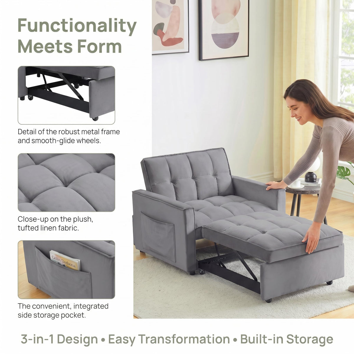 Convertible Sleeper Chair, Pull Out Sofa Bed with Adjustable Backrest & Hidden Storage Armrest, Single Sofa Recliner with USB Charging Port & Cup Holders for Living Room, Bedroom, Dark Gray