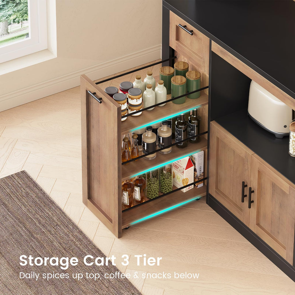 Itaar 71" Kitchen Pantry Cabinet with Charging Station and Led Light, Kitchen Storage Cabinets with Microwave Stand, 59" Wide Pantry Storage Cabinet with Storage Cart 3 Tier for Dining Room, White