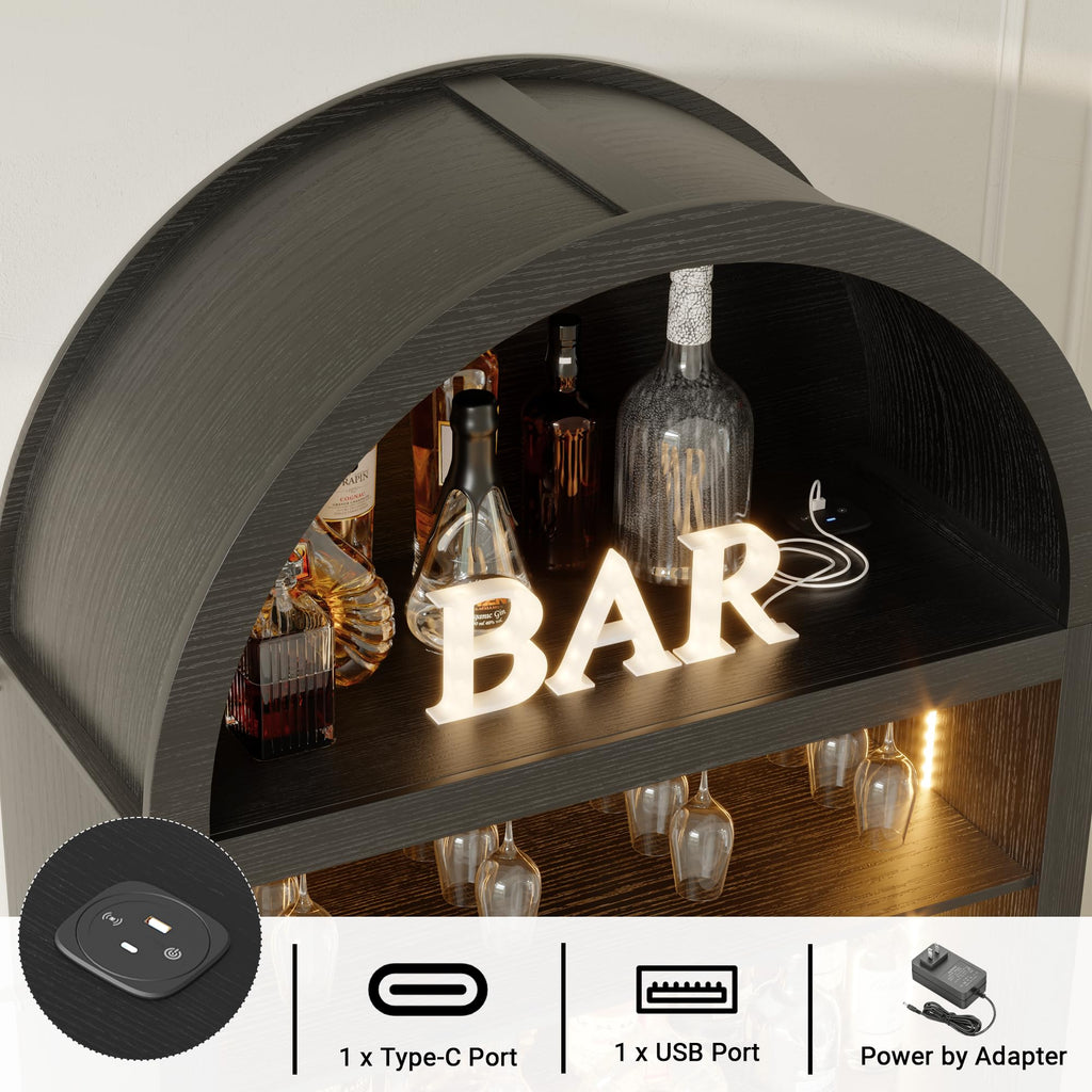 71" Tall Arched Wine Bar Cabinet with Wine Racks & Glass Holder, Wide Liquor Cabinets with LED Lights & Charing Ports, Kitchen Pantry Cupboard, Coffee Bar Storage Cabinet for Home, Dining Room (Oak)