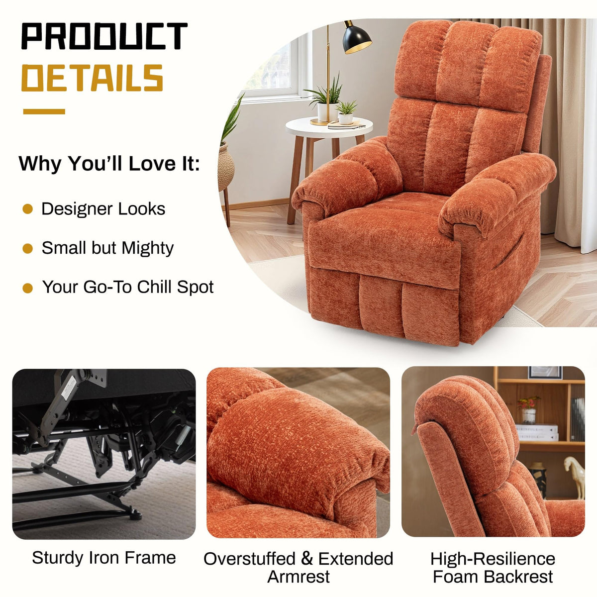 Korser Recliner Chair, Living Room Recliner Chairs for Adults, Small Recliners for Small Spaces, Upholstered Manual Recliner with Side Pockets, Comfy Nursery Chair for Living Room, Chenille, Beige