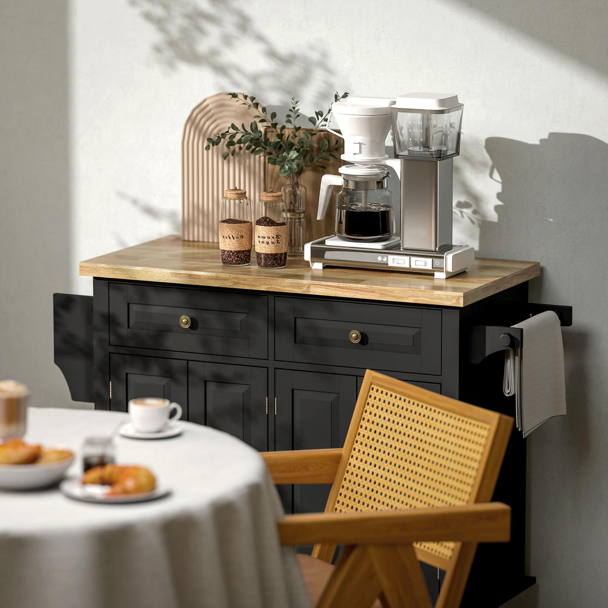 HOMCOM Kitchen Island Cart on Wheels with Solid Wood Top, 44" Cream White