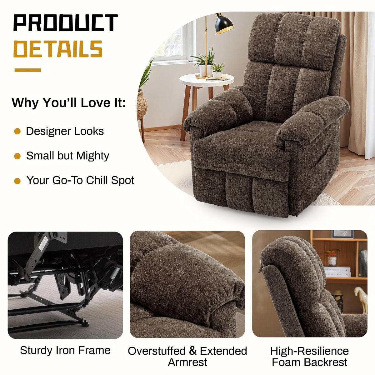 Korser Recliner Chair, Living Room Recliner Chairs for Adults, Small Recliners for Small Spaces, Upholstered Manual Recliner with Side Pockets, Comfy Nursery Chair for Living Room, Chenille, Beige