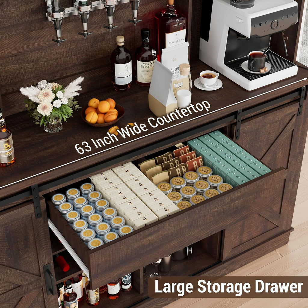 Farmhouse Coffee Bar Cabinet with LED Light, Charging Station, Brown