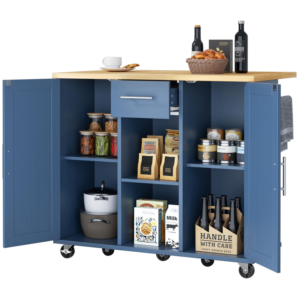 JY QAQA 42" Rolling Kitchen Island Cart with Storage, Drop Leaf Countertop, Drawers & Towel Rack, Mobile Kitchen Table on Wheels for Kitchen Dining Room, White
