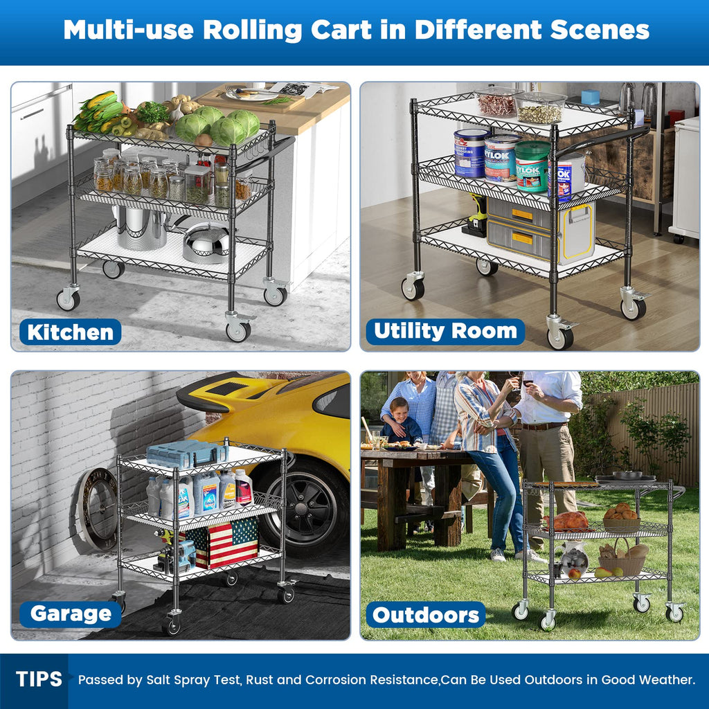 Leteuke 3 Tier Rolling Carts with Wheels, Heavy Duty Rolling Utility Cart