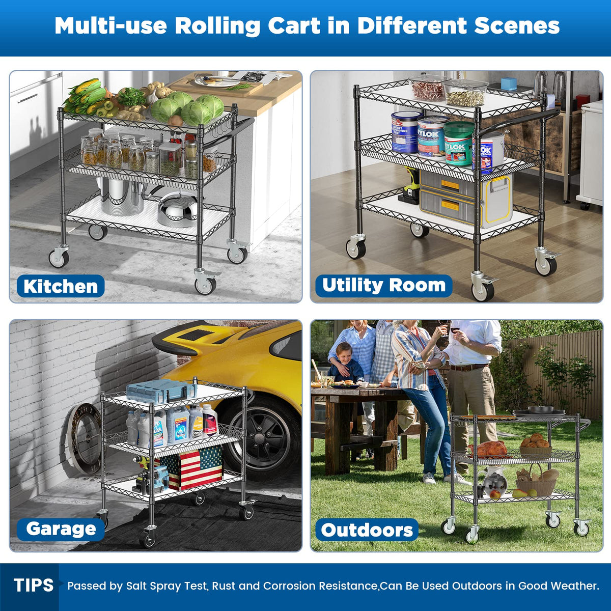 Leteuke 3 Tier Rolling Carts with Wheels, Heavy Duty Rolling Utility Cart