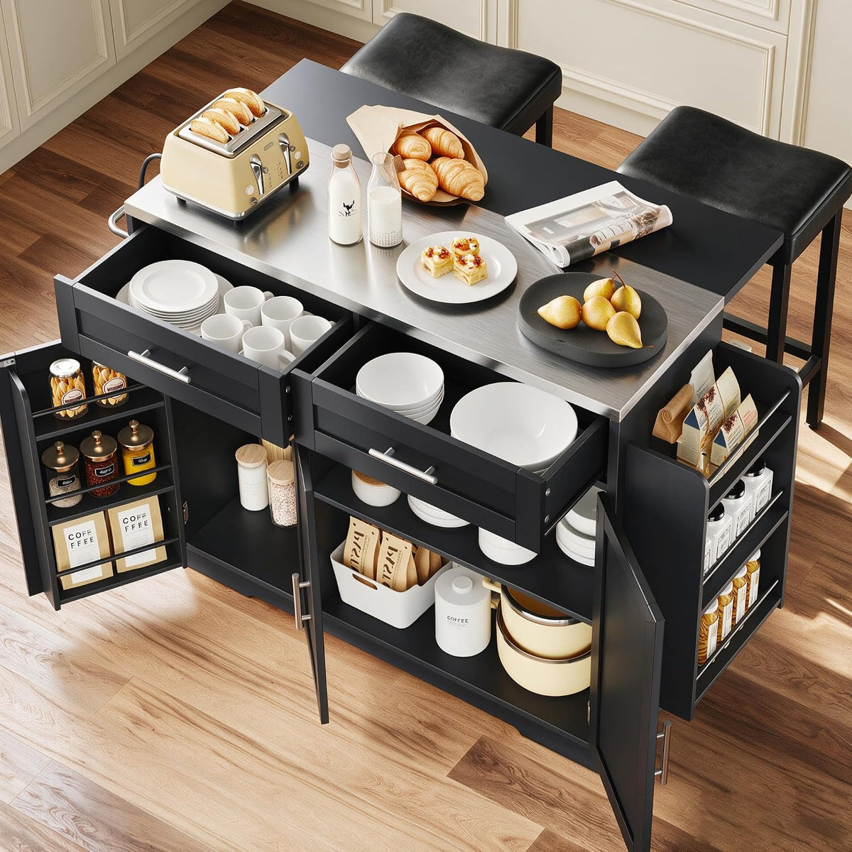 Concho 56" Kitchen Island with Seating Stainless Steel Countertop Black