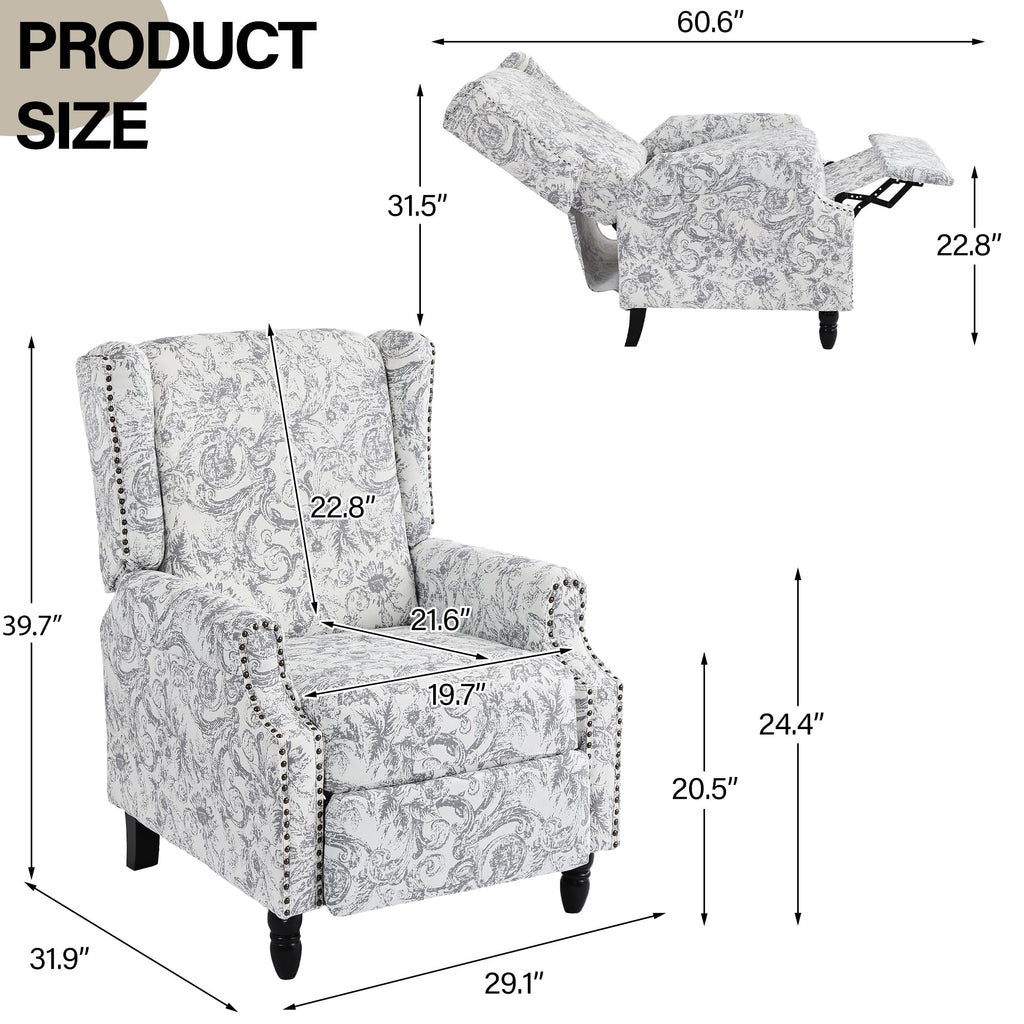 Wingback Floral Pushback Recliner Chair, Plants Beige, Set of 2