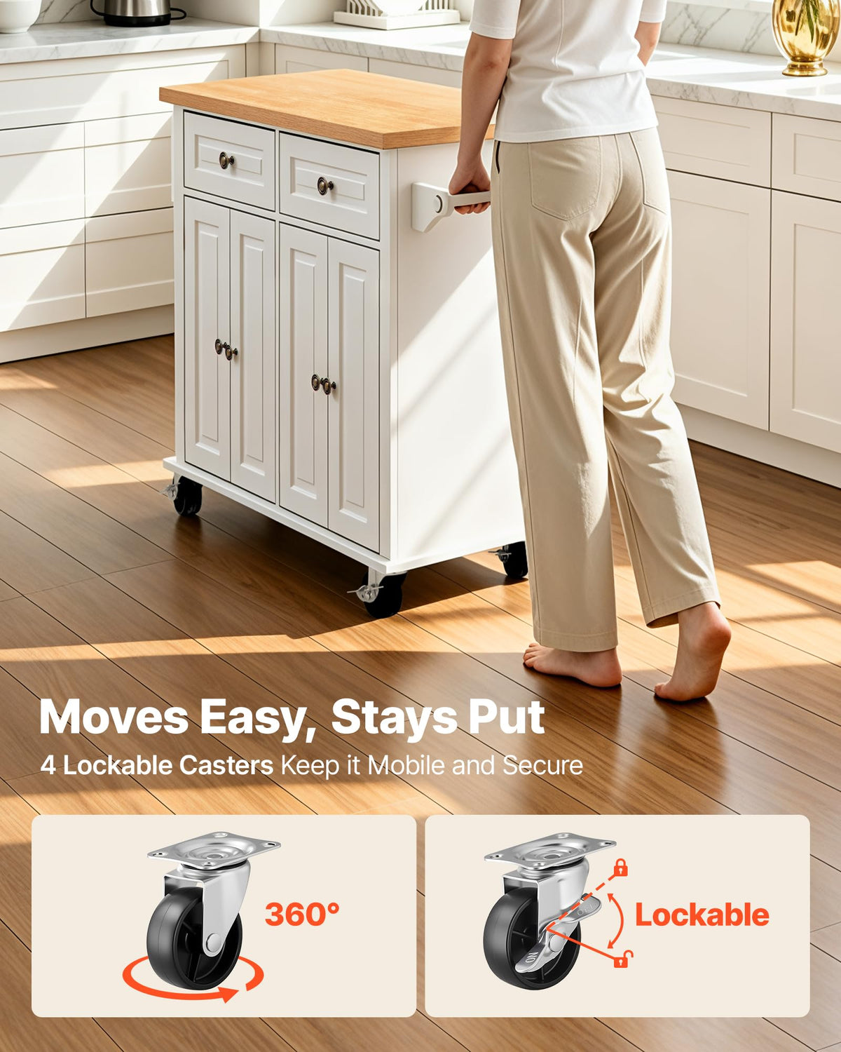 VEVOR Kitchen Island Cart with Storage, 43.58 in Wide Mobile Rolling Storage Island on Swivel Wheels, with 2 Drawers, Storage Cabinet, Drop Leaf, Spice/Towel Rack, Table for Home Dining Room, White