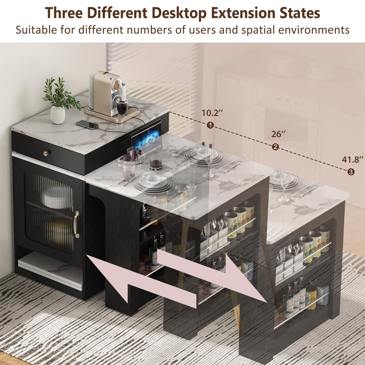 83" Extendable Kitchen Island with Drop Leaf Dining Table, Natural