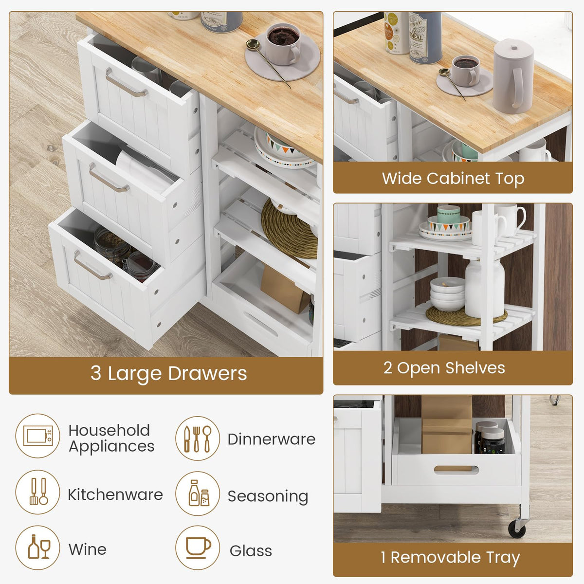 GOFLAME Kitchen Island Cart on Wheels with Storage, Versatile Rolling Cart with Wood Countertop, 3 Drawers, Removable Tray & Lockable Casters, Mobile Serving Trolley for Kitchen, Dining Room, Black