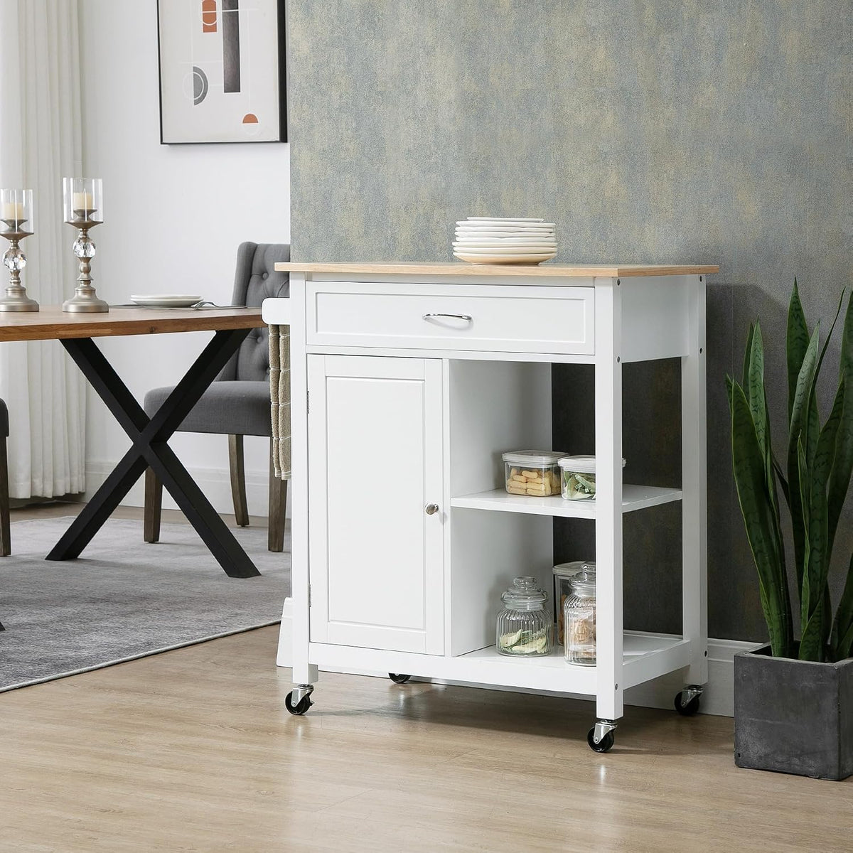 HOMCOM Kitchen Island Cart, Rolling Kitchen Island, Wood Top, White