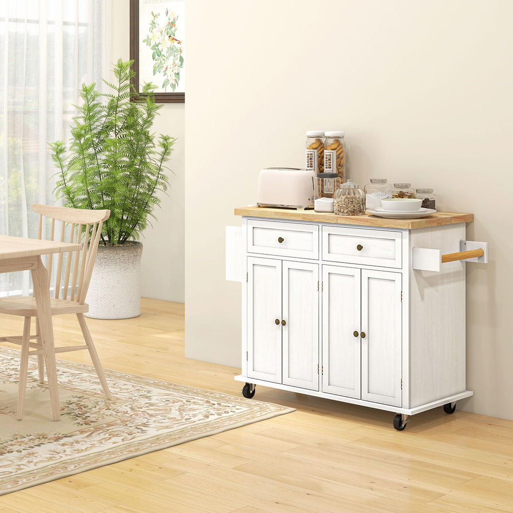 HOMCOM Kitchen Island Cart on Wheels with Solid Wood Top, 44" Cream White