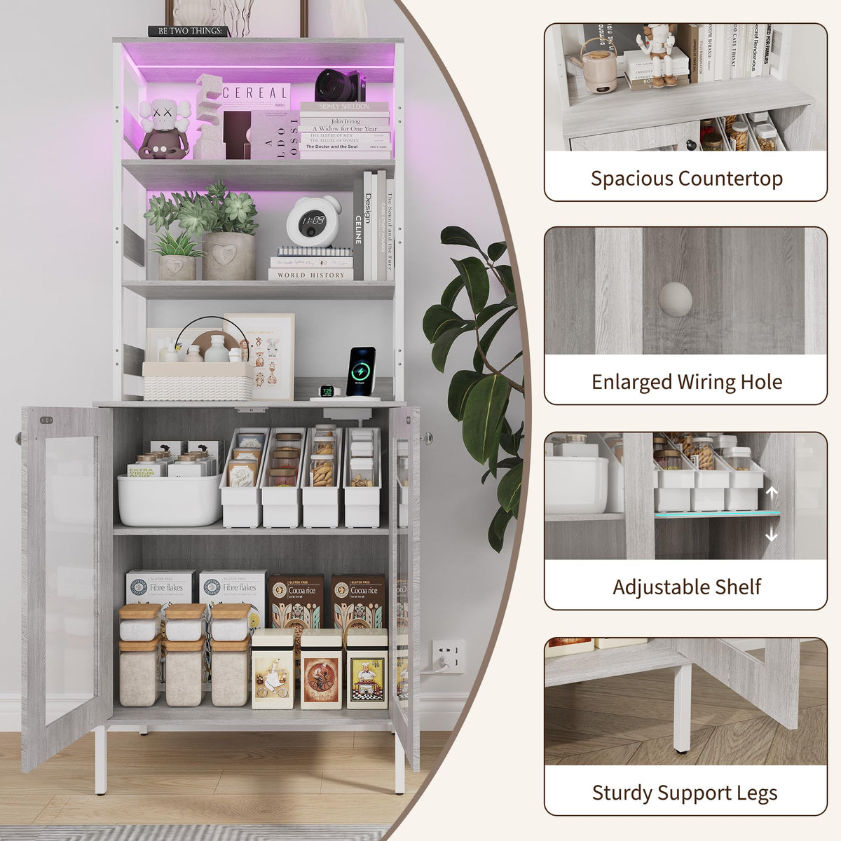Garvee 67'' Liquor Bar Cabinet with Power Outlets & LED Lights for Home