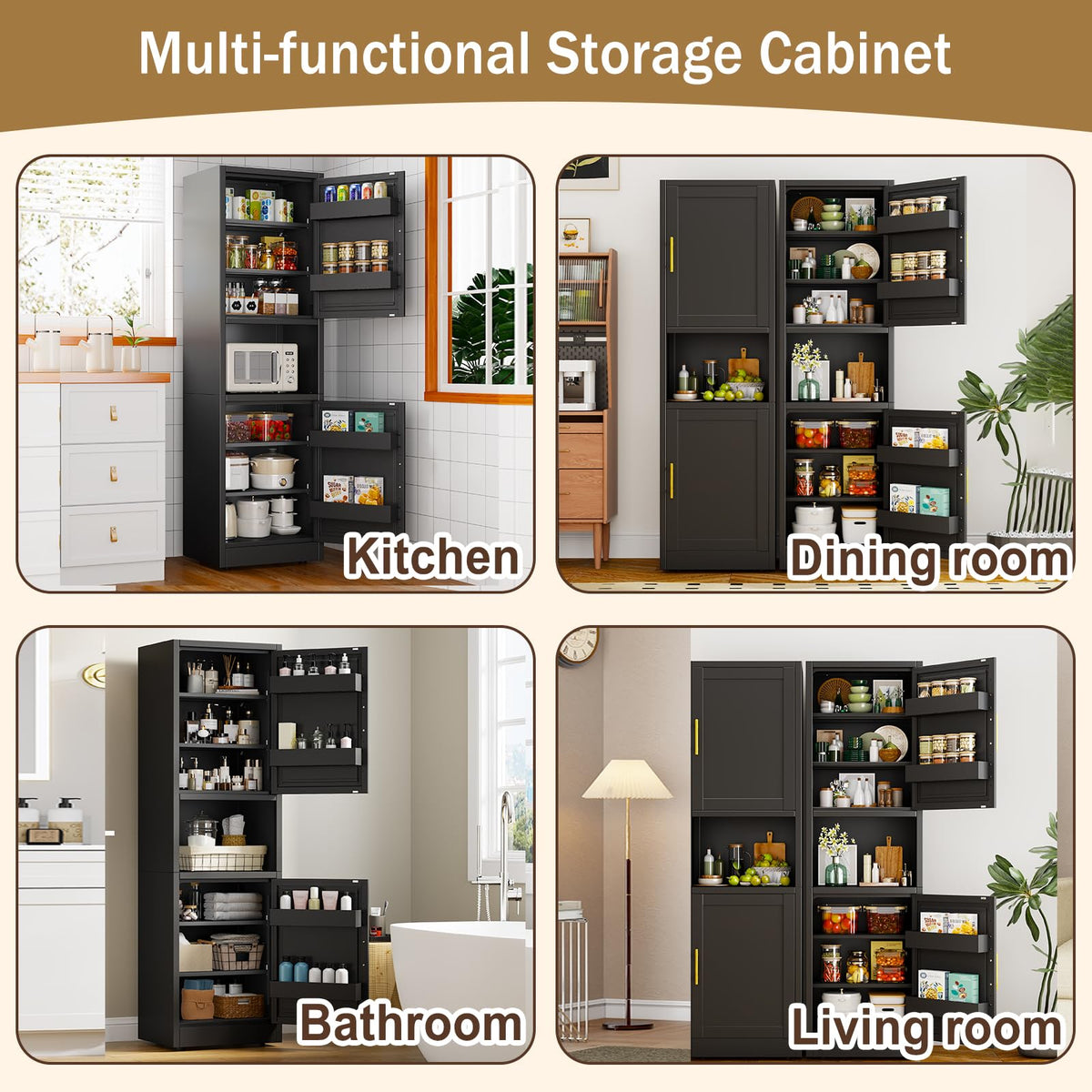 67" Tall Metal Pantry Cabinet, Narrow Freestanding Storage Cabinet, Black