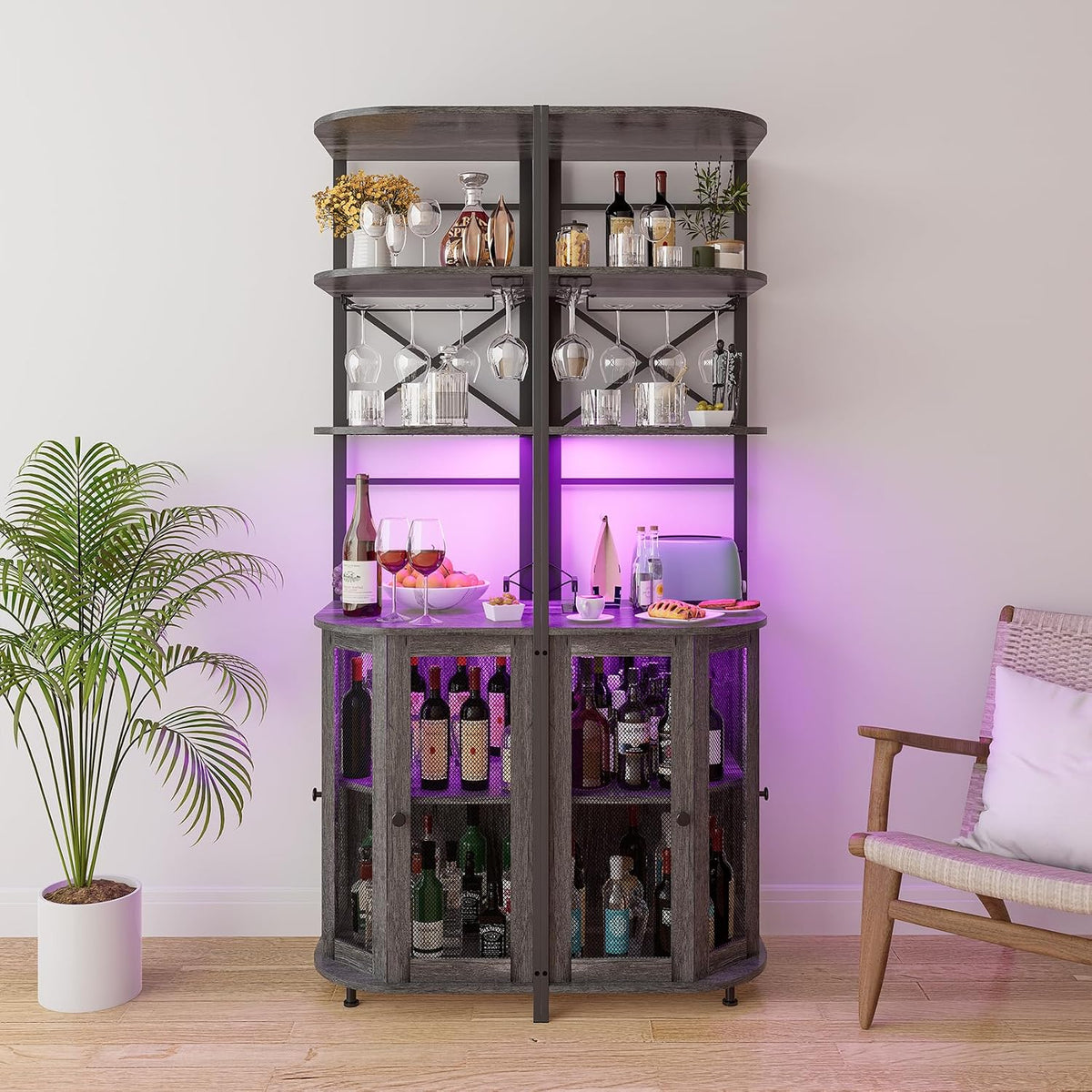 Wine Bar Cabinet with Power Outlet, 6-Tiers Industrial Wine Cabinet with LED Light and Glass Holder, Corner Bar Cabinet with Adjustable Shelf and Mesh Door, Liquor Cabinet Bar for Home