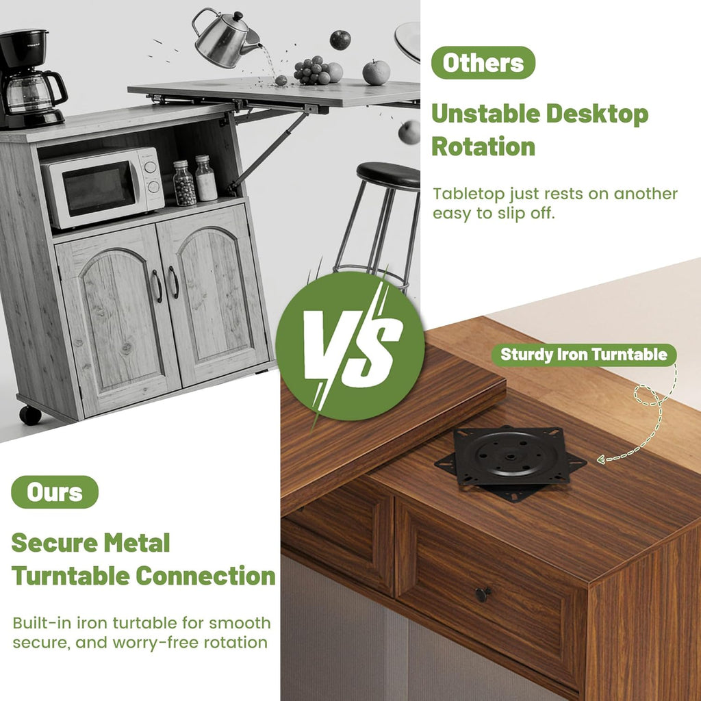 69" Kitchen Island with 360Â° Rotating Table,LED Lighting, Adjustable Shelves, Storage Cabinet & Power Outlet â Walnut Finish Extendable Dining Table for Kitchen, Dining Room, Bar