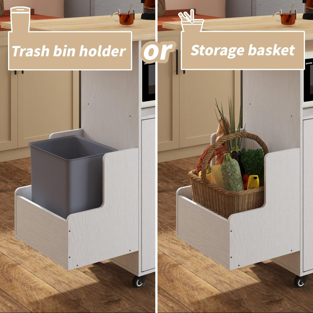 ASTRONAPE Rolling Kitchen Island Cart with Storage, Mobile Kitchen Island with Power Outlet, Large Wood Top, Drawers & Cabinets for Dining Room (White, Model 1)